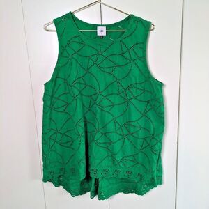 CAbi Womens L Large Tank Top Green Geometric Pleat Sleeveless Round Neck Blouse